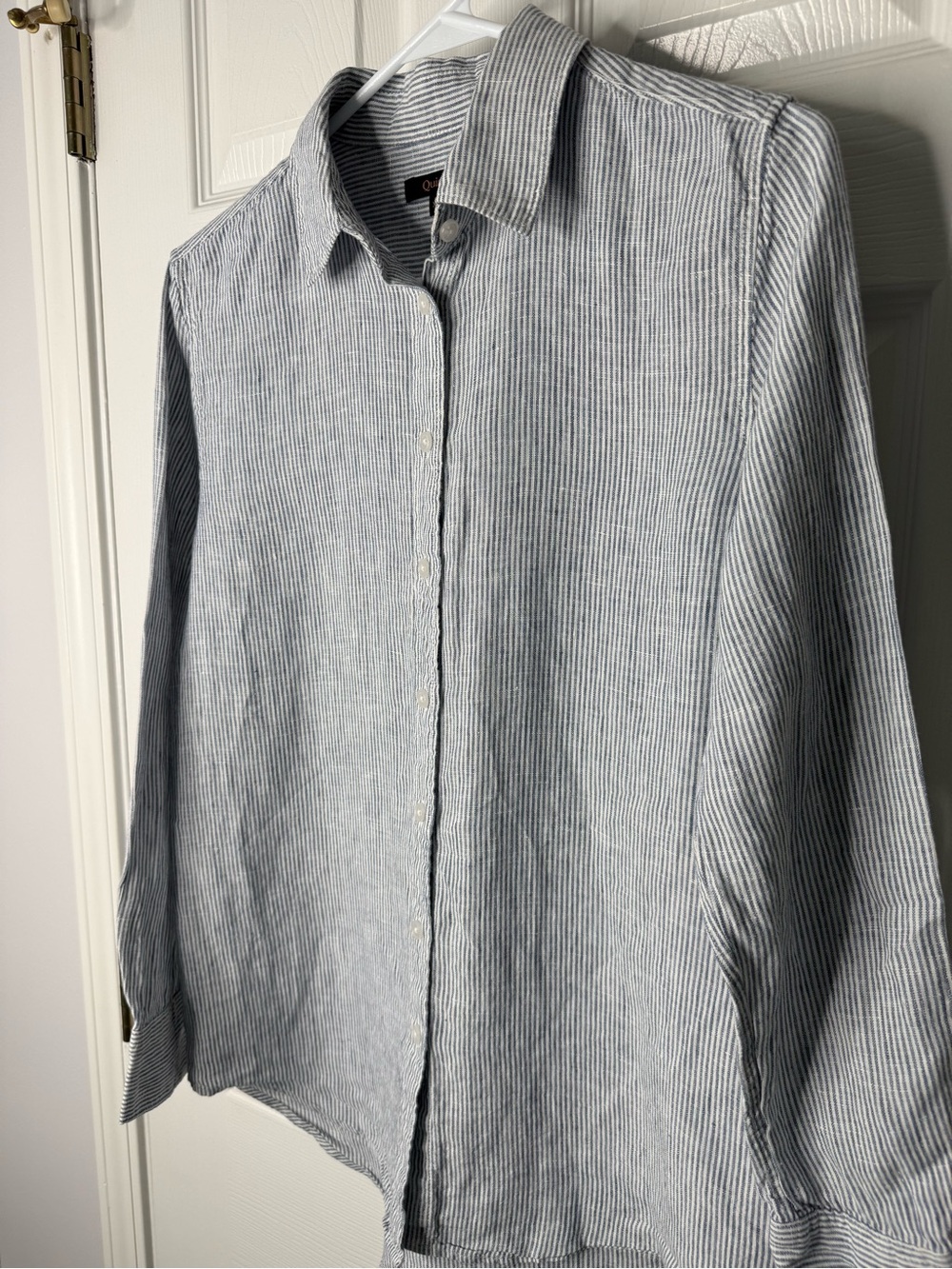 QUINCE 100% European Linen Blue Pin-Striped Long Sleeve Button-Up Shirt XS - Picture 9 of 11